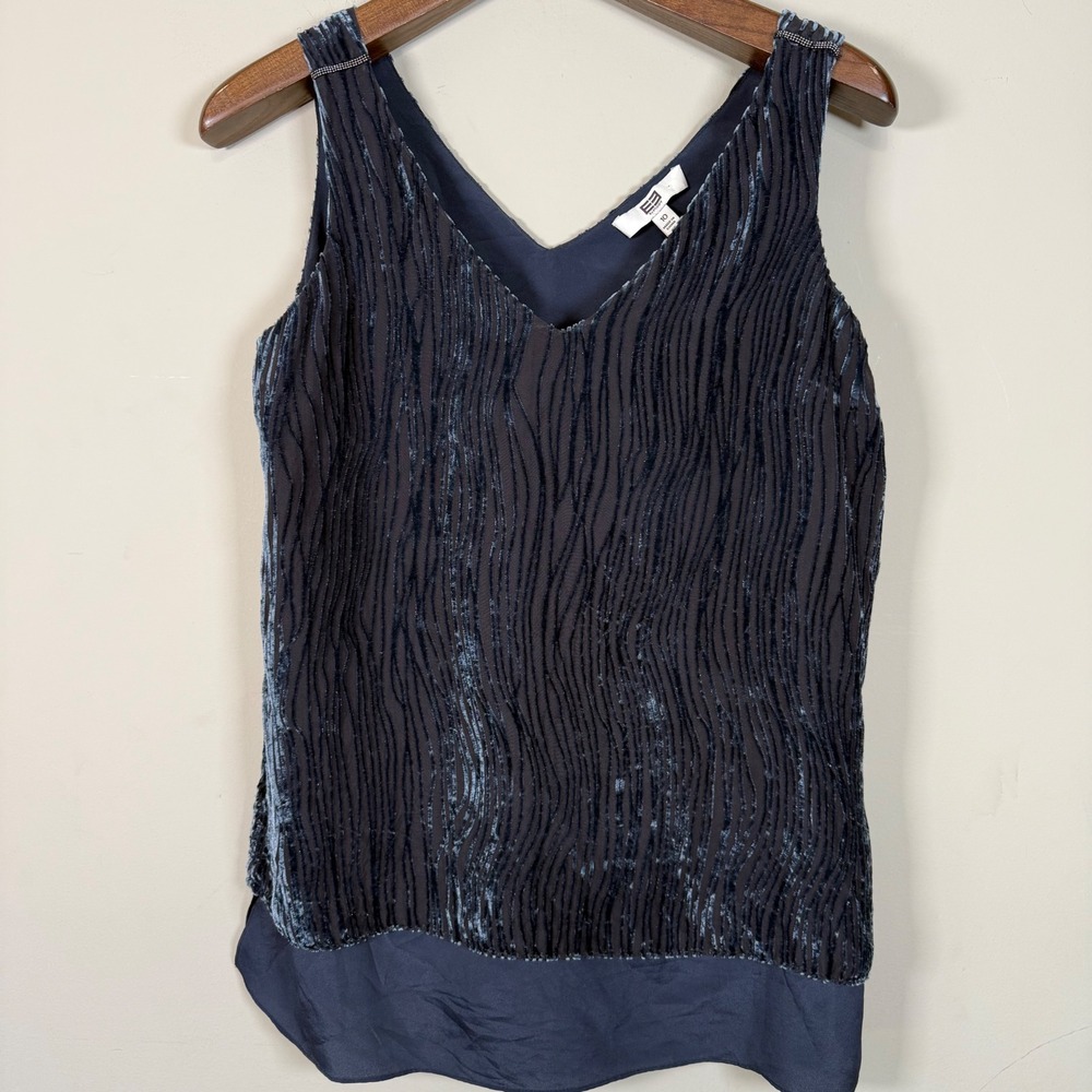 Etcetera Navy Velvet Burnout Silk Blend Sleeveless Shirttail Tank Size 10